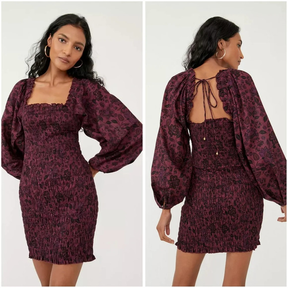 New Free People Smock It To Me Long Sleeve Mini Dress Medium Purple - Picture 1 of 9